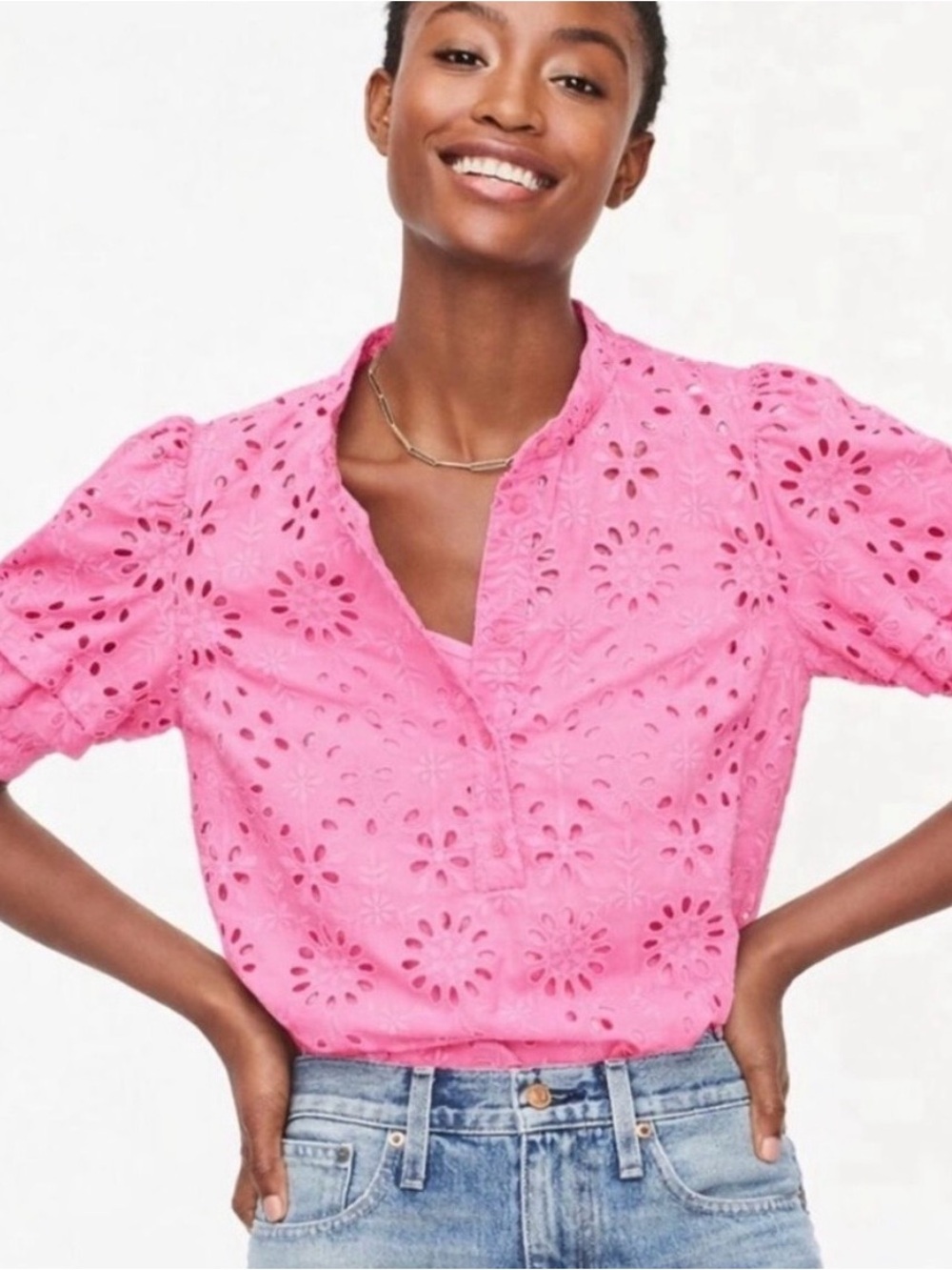J Crew pink eyelet popover blouse sz S